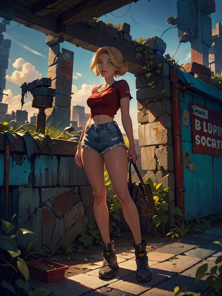2076 year. The Urban Ruins of the Wasteland, Female huntress picking fruit in the garden, beautiful face, blonde, badly torn shirt and denim shorts ,  long legs, sweating through, sun rising, Nice warm colors, head to toe full body shot
