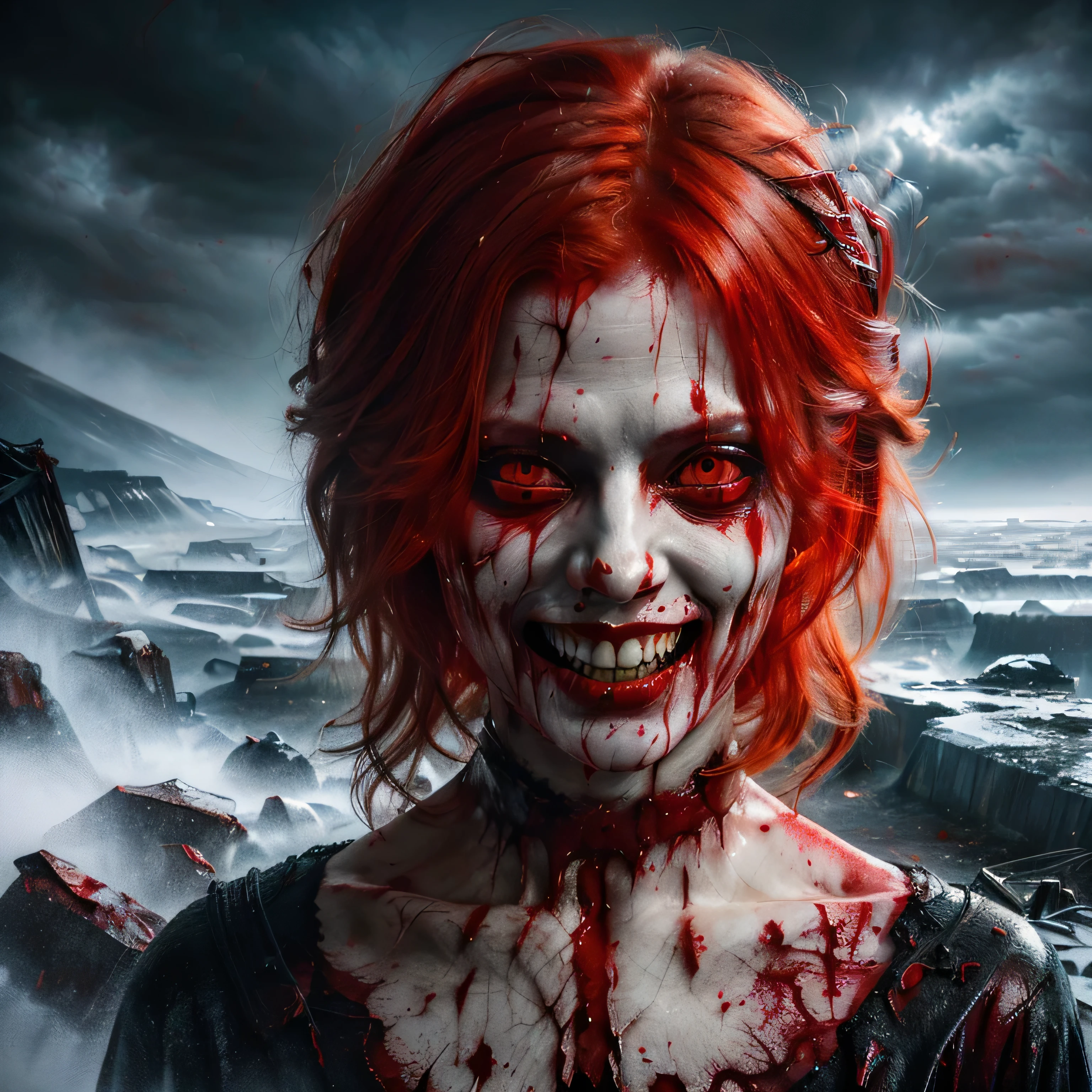 there is a woman with red hair and a creepy face, fantasy and horror art, horror fantasy art, Stylish horror artwork, detailed horror artwork in 4k, creepy!!!, scary smile, dark fantasy and horror art, Lt. Darek Zabrocki, horror surreal art, horror!! Very detailed, creepy!!, horrible smile. horror, horrible digital art, creepy smile