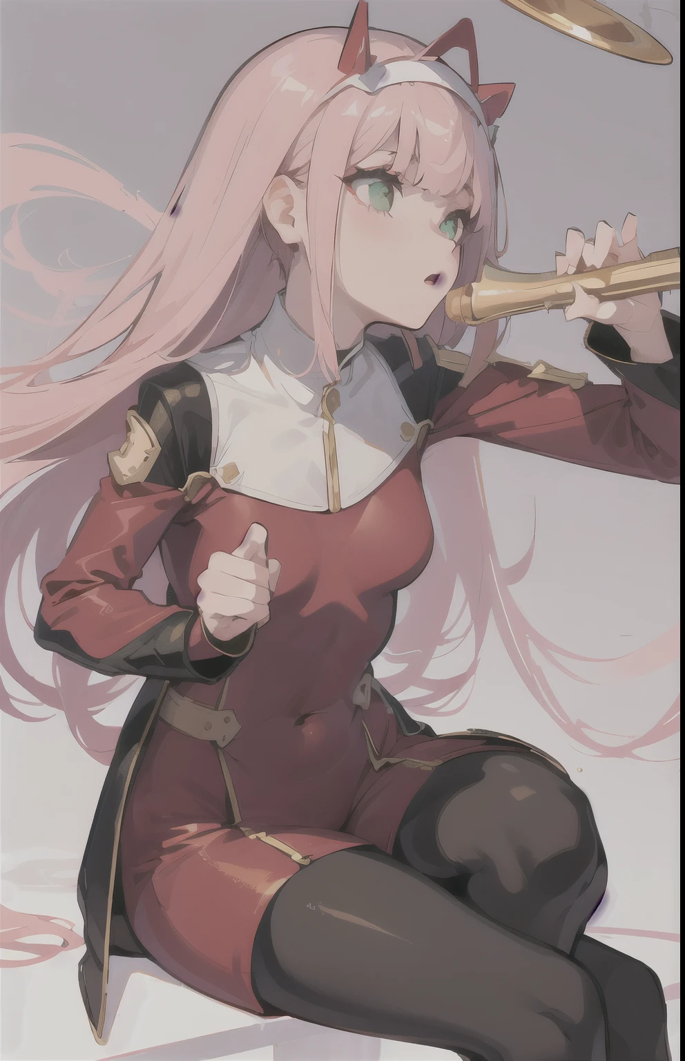 Zero Two \(Honey\), Honey, 1 Girl, Bangs, bite, shadow, Green Eyes, trumpet, Long hair, Looking at the audience, Small Breasts, cosmetic, Small Breasts, bodysuit net, Pink Hair, red eyeshadow, Tight skin, Solitary