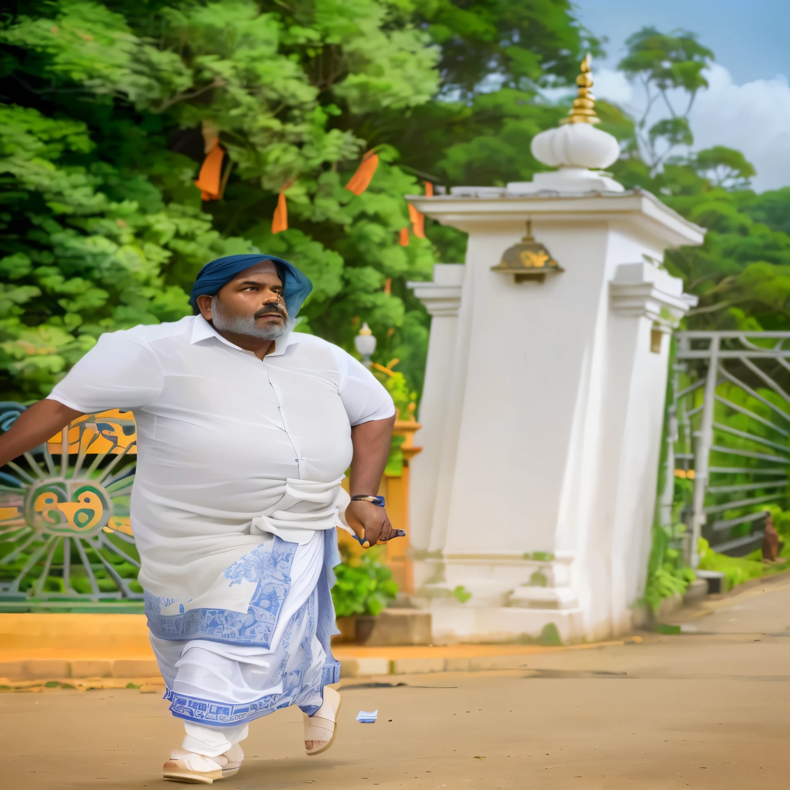 there is a man walking down the street with a dog, jayison devadas, taken in the early 2020s, in front of a temple, in front of the house, delightful surroundings, jayison devadas style, cartoon still, standing astride a gate, lush surroundings, with kerala motifs, vinayak, in front of the temple