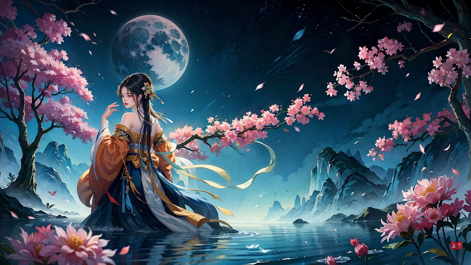Official Art, Unity 8K wallpaper, Extremely detailed, beautiful and aesthetic, masterpiece, best quality, For the world,You may be alone,But for someone,You could be the whole world, paradox, Adrian Genius, Jenny Savile, Edward Hope, Surrealism, The Dark Arts of James Jean, Takato Yamamoto, 墨water朋克极简主义, fashion magazine, Editorial Photography, gufeng, moon, Tree, Solitary, water, flower, Branches, night, Black Hair, Back to, shawl, full moon, (1 Korean girl,Sexy facial features), in Tree, Long hair, Sky, sit, Chinese clothes, Hanfu, crescent moon, permanent, outdoor,