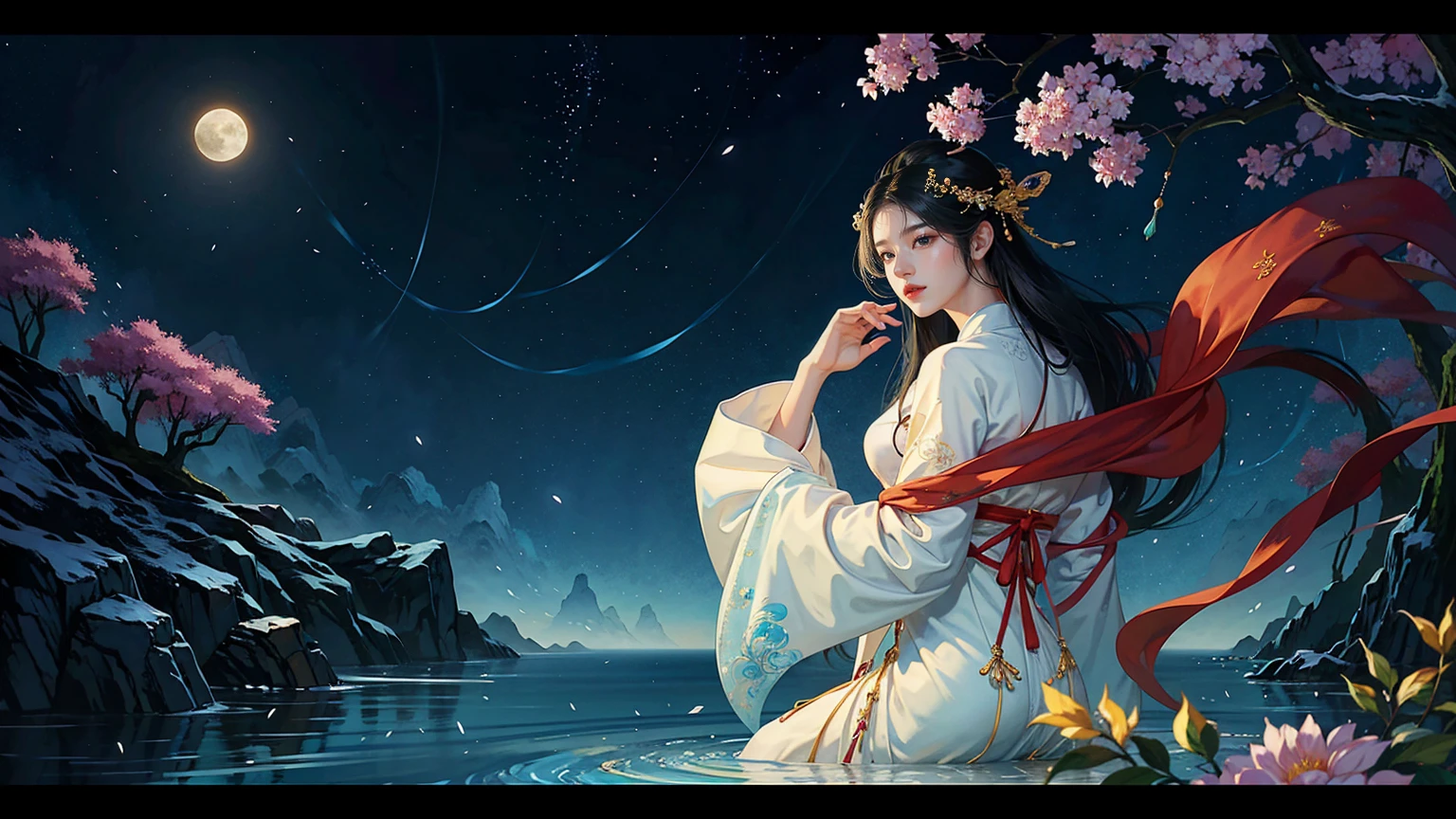 Official Art, Unity 8K wallpaper, Extremely detailed, beautiful and aesthetic, masterpiece, best quality, For the world,You may be alone,But for someone,You could be the whole world, paradox, Adrian Genius, Jenny Savile, Edward Hope, Surrealism, The Dark Arts of James Jean, Takato Yamamoto, 墨water朋克极简主义, fashion magazine, Editorial Photography, gufeng, moon, Tree, Solitary, water, flower, Branches, night, Black Hair, Back to, shawl, full moon, (1 Korean girl,Sexy facial features), in Tree, Long hair, Sky, sit, Chinese clothes, Hanfu, crescent moon, permanent, outdoor,