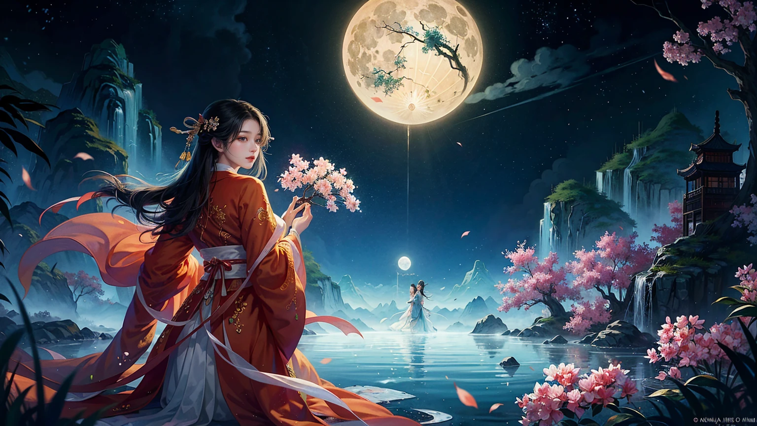 Official Art, Unity 8K wallpaper, Extremely detailed, beautiful and aesthetic, masterpiece, best quality, For the world,You may be alone,But for someone,You could be the whole world, paradox, Adrian Genius, Jenny Savile, Edward Hope, Surrealism, The Dark Arts of James Jean, Takato Yamamoto, 墨water朋克极简主义, fashion magazine, Editorial Photography, gufeng, moon, Tree, Solitary, water, flower, Branches, night, Black Hair, Back to, shawl, full moon, (1 Korean girl,Sexy facial features), in Tree, Long hair, Sky, sit, Chinese clothes, Hanfu, crescent moon, permanent, outdoor,