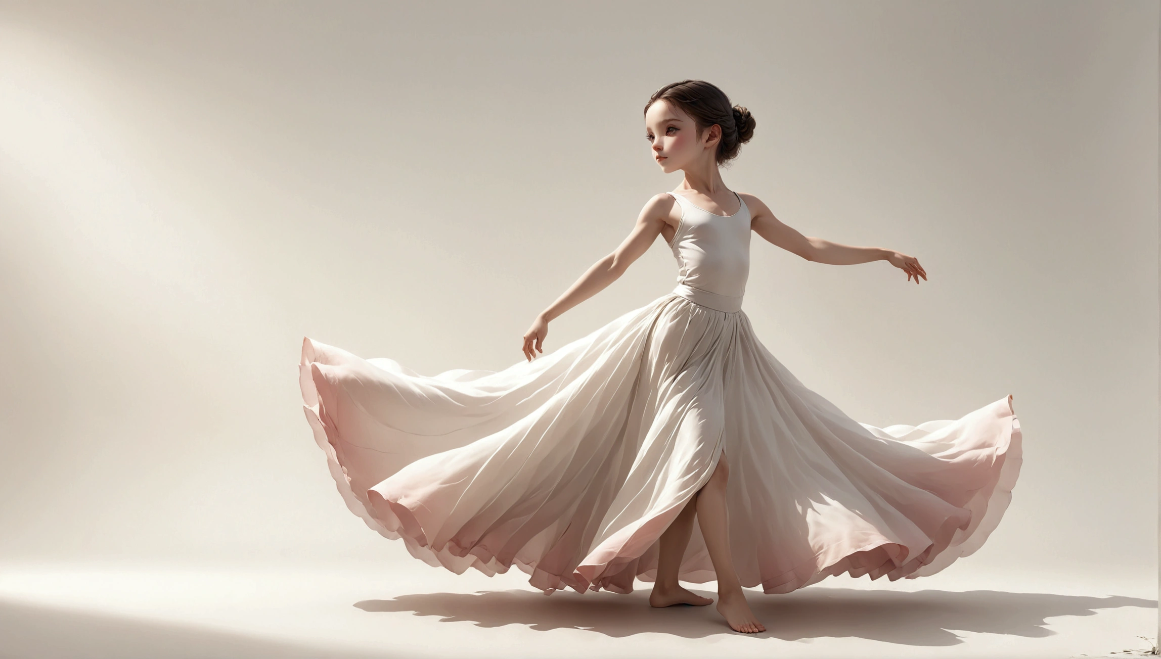 Dance photography;A dancer,Solitary;A dancing little girl;Long skirt,Plain style,Gray pink and white gradient,Traditional style,Smudged skirt hem;Dance beautifully;elegant,Flexible skirt;Long hair。((Full body panorama 1.5)),front; Simple style;Minimalism。White background,Pure white background;Panoramic photography;Depth of Field, Extraordinary details, masterpiece, high quality, 4K,cinematic lighting, motion blur, depth of field, sparkle, ray tracing, reflection light, anatomically correct, uhd, textured skin, best quality, super detail, highres, high details, accurate, high quality, award winning
