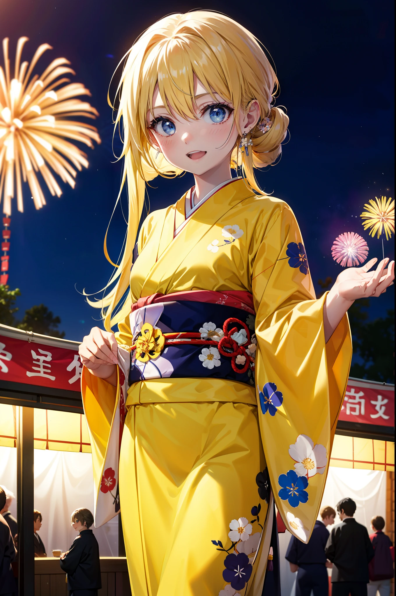 Alicesburg, Alice Zuberg, bangs, blue eyes, Blonde, Hair between the eyes, Long Hair,Flower Hair Ornaments,hair tied back, hair band, white hair band,Yellow Kimono,happy smile,smile, Open your mouth,Fireworks in the night sky、Fireworks,The place is a fireworks display,Time is night,sunny day,Japanese Festivals,Summer festival food stalls,Red lantern,whole bodyがイラストに入るように
break outside, shrine,
break looking at viewer, whole body,(Cowboy Shot:1.5),
break (masterpiece:1.2), Highest quality, High resolution, unity 8k wallpaper, (figure:0.8), (Beautiful attention to detail:1.6), Highly detailed face, Perfect lighting, Highly detailed CG, (Perfect hands, Perfect Anatomy),