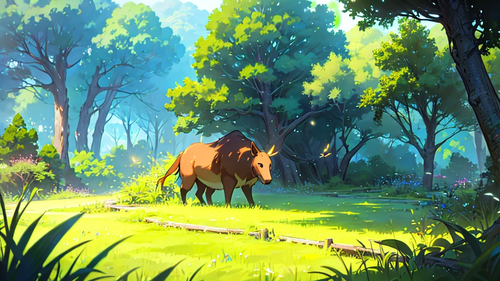 highly detailed, studio ghibli style landscape, enchanted meadow, lush greenery, vibrant colors, warm lighting, fireflies, birds, mystical atmosphere, cinematic composition, (best quality,4k,8k,highres,masterpiece:1.2),ultra-detailed,(realistic,photorealistic,photo-realistic:1.37),fantasy,digital painting,concept art