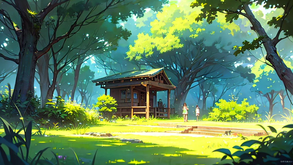 highly detailed, studio ghibli style landscape, enchanted meadow, lush greenery, vibrant colors, warm lighting, fireflies, birds, mystical atmosphere, cinematic composition, (best quality,4k,8k,highres,masterpiece:1.2),ultra-detailed,(realistic,photorealistic,photo-realistic:1.37),fantasy,digital painting,concept art