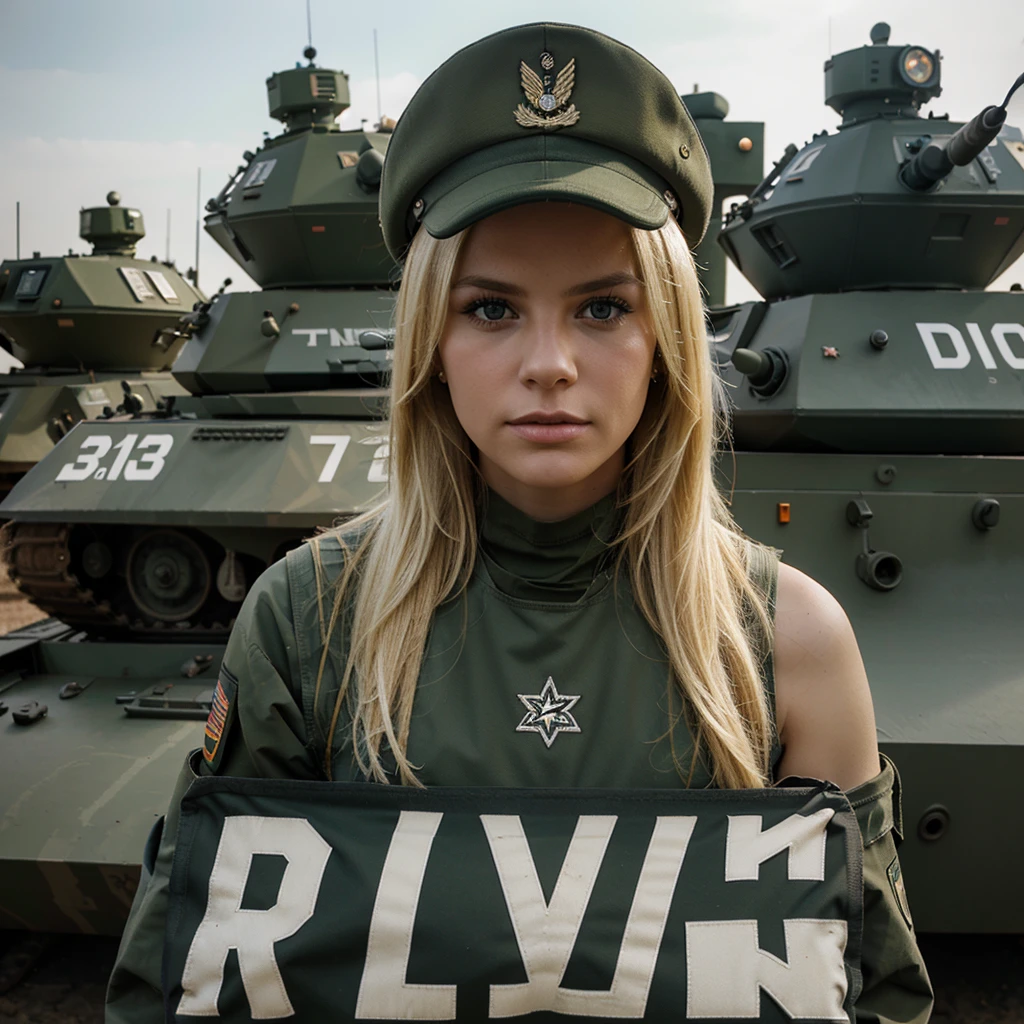 blond woman, hock, Military optics, the three clearly legible letters ODP on the top, Tanks in the background,