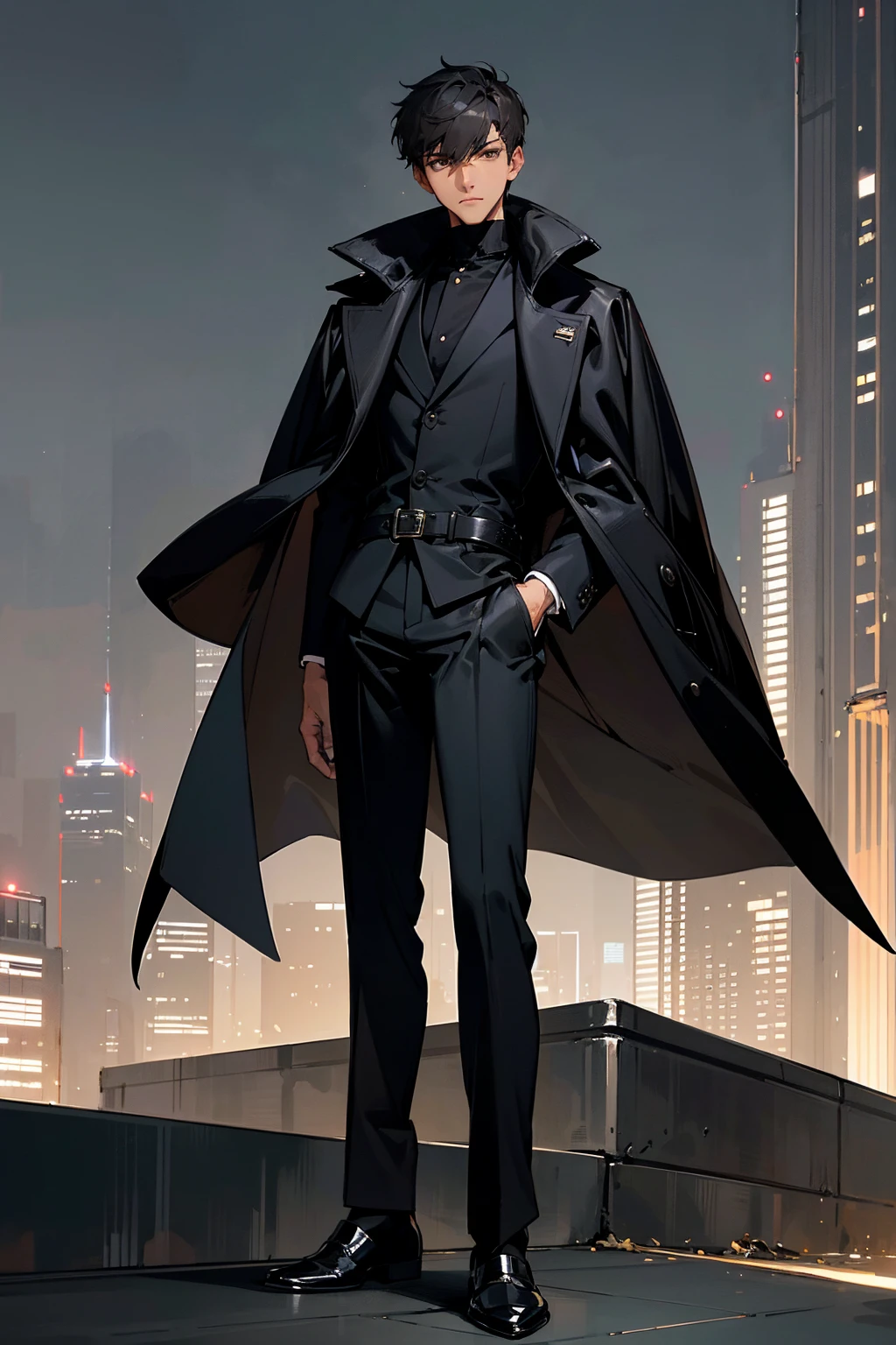 1male, tan skin, buzzcut hairstyle, intense brown eyes, composed expression, luxurious full black fur coat with a high collar, simple black turtleneck underneath, baggy dark gray trousers, polished black dress shoes, a sleek silver belt buckle, urban cityscape background with sophisticated architecture and evening lights, detailed face, hands to side, standing on path
