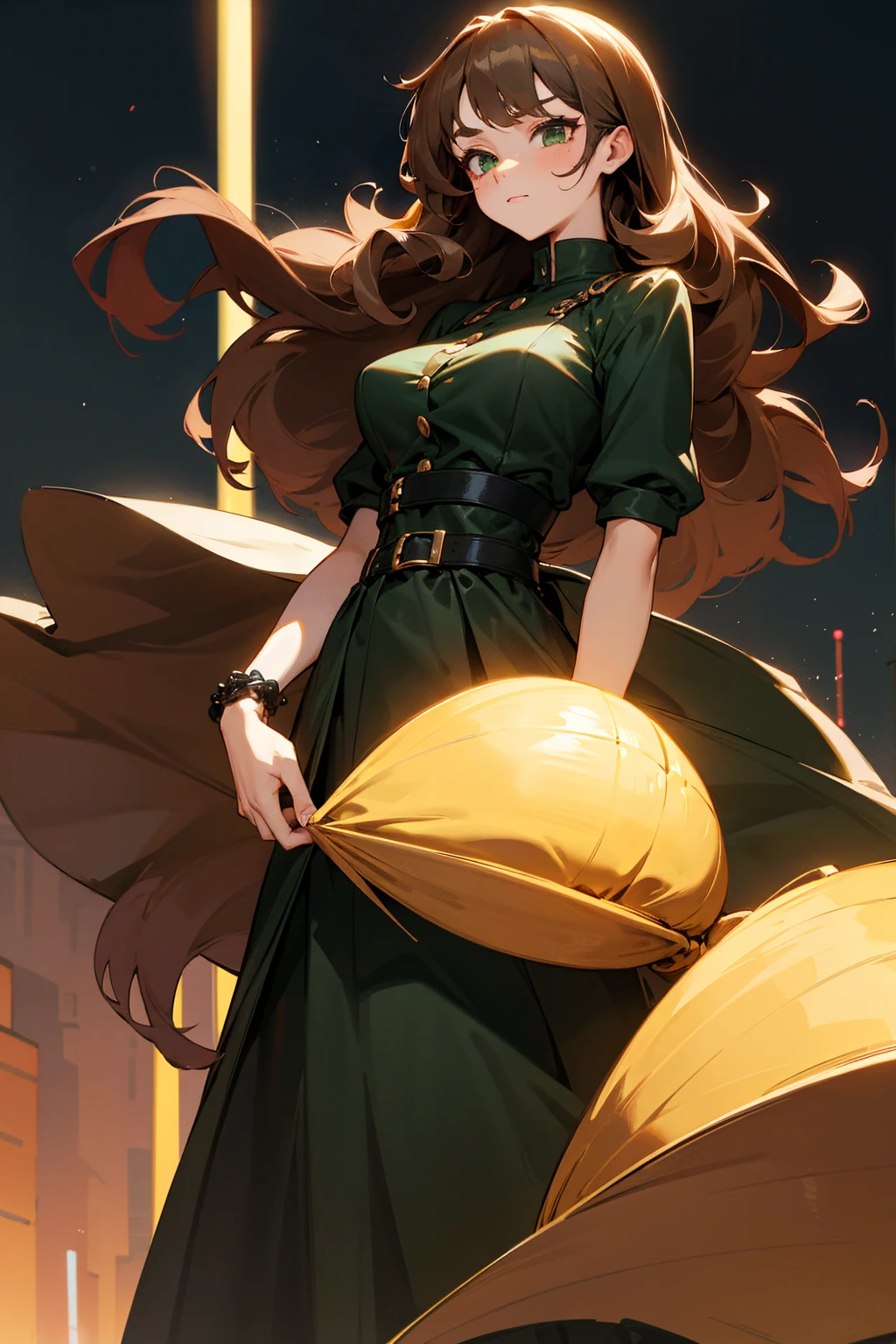 1female, chestnut brown hair, styled in voluminous, poofy curls, deep green eyes, confident expression, slim black dress with a fitted bodice and flowing skirt, oversized black belt with a large buckle, chunky silver bracelets, a large, slouchy black handbag, elegant urban backdrop with stylish buildings and twinkling city lights, detailed face, hands to side, standing on path