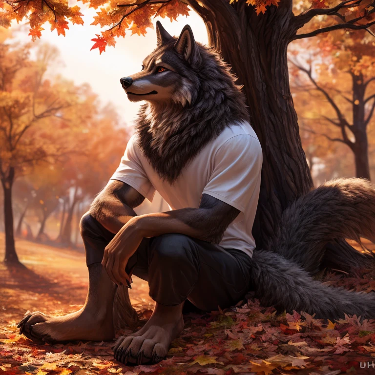 Masterpiece, high quality, furry, male, Anubis anthro, (wolf's long tail), Solo, Brown eyes, (Realistic eye details, (beautiful detailed eyes), sitting under a tree in the fall, wearing a white t-shirt, black shorts, autumn season, commission for high res, anthro art, fall season, detailed fanart, furry art, full art, furry art, very beautiful furry art, furry fantasy art, autumn, covered in fallen leaves, high quality fanart, slim body, full body like, in a panoramic view, masterpiece, Abstract beauty, ultra detailed face, depth of field, motion blur, high details, high quality, HD, (best quality, 4k, 8k, highres, masterpiece,ultra-detailed,realistic, HDR, UHD, studio lighting, extreme detail description, vivid colors, lively atmosphere, natural lighting