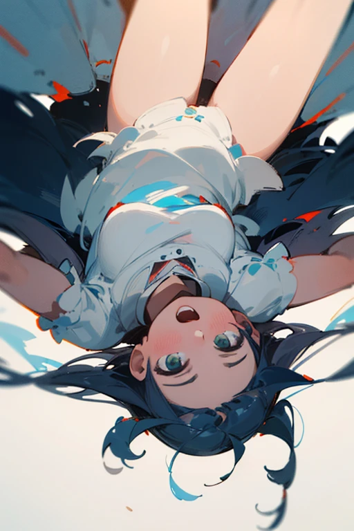 ((best quality)), ((masterpiece)), (detailed), 1girl, hanging upside down with her mouth open, 😀