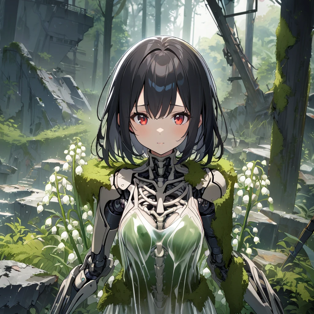 1girl, black hair, red eyes, skeleton body, Translucent dress、Bones visible, forest, moss on body、robot joints、ruins、lily of the valley、High-resolution images、8k
