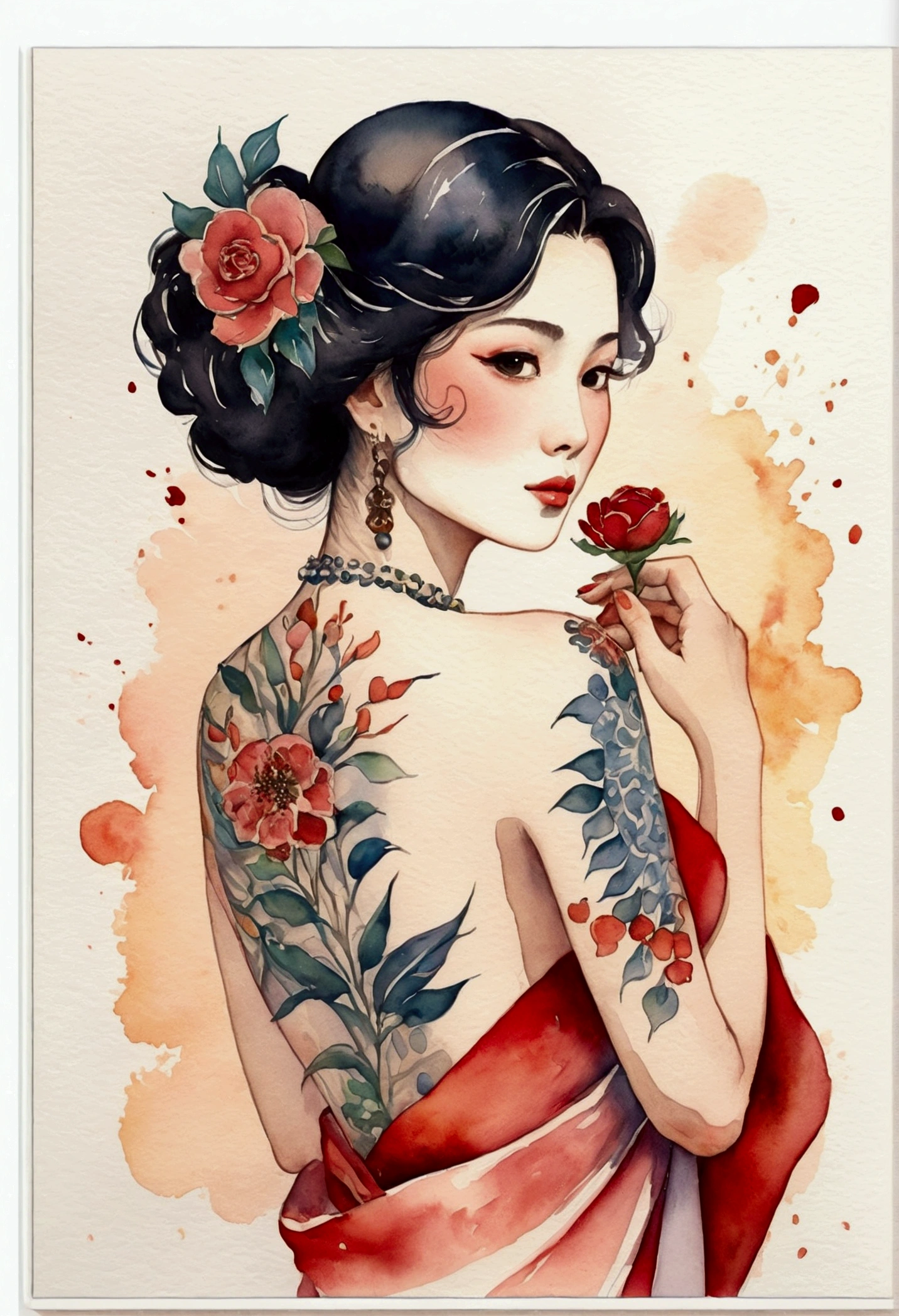 Simple watercolor painting, poster for, Taisho Romantic, picaresque, Retro, The tattoo, Full body, High Definition