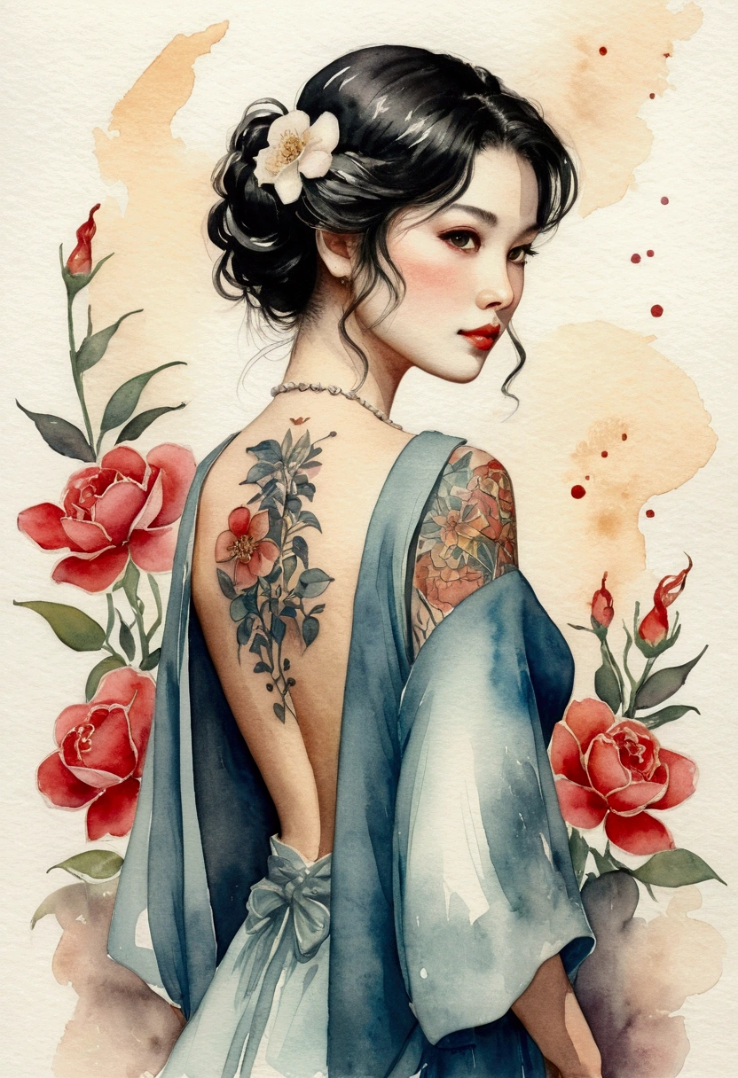 (master part, Qualidade Superior, best quality, Arte Oficial, Beautiful and Aesthetic:1.2),1girl, tatuagem, sozinho, Roupas japonesas, ornamento de cabelo, desembainhamento, cabelos pretos, bainha, tatuagem nas costas, olhos azuis, fora do ombro, bareshoulders, Looking back, from behind, flor, Olhando para o Viewer, propriedade, maquiagem,
Interior,