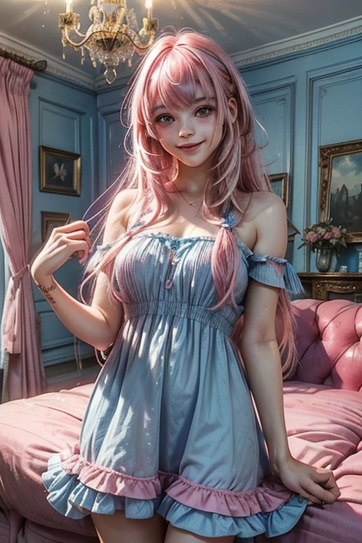 (1Girl, Russian, Beautiful, smiling, 18yo, ((Messy pink hair with a fringe)), (pink perfects eyes), ((wearing ((blue)) dress))), ((In old mannor living room at night time)),