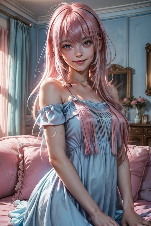 (1Girl, Russian, Beautiful, smiling, 18yo, ((Messy pink hair with a fringe)), (pink perfects eyes), ((wearing ((blue)) dress))), ((In old mannor living room at night time)),