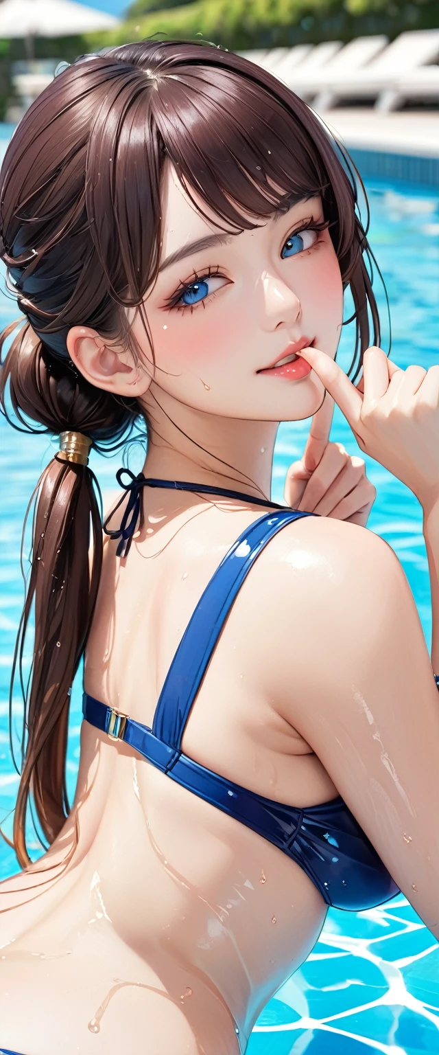 (masterpiece,Highest quality,Ultra-high resolution),Japanese women, (((Very beautiful 25 year old girl))), pretty girl、Look at the photographer、 ((Beautiful low ponytail)), Very cute face, Glossy Lips, Double eyelids on both eyes,Natural smile、 Natural Makeup, Long eyelashes, Shiny and smooth hair、Center image, Perfect limbs, Perfect Anatomy,,(Wet with sweat),,Looking Back.A beautiful 25-year-old woman with a model-like appearance is at a pool. She is wearing a bikini and leaning slightly forward with her index finger on her lips. She is winking with her left eye closed. The background features a luxurious poolside setting with clear blue water and a sunny sky