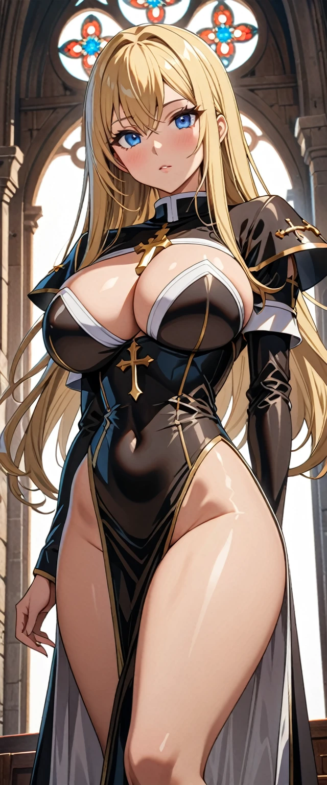 ((masterpiece)), ((high quality)), ((super detailed)), ((high resolution)) ,((8k)), a beautiful woman, ((She is one of the most famous female Priest)), unparalleled beauty, ((huge breast)), ((large ass)), ((deep cleavage)), slim waist, chest out, ultra detailed face, perfect skin, (((long blonde straight hair))), blue eyes, detailed eyes, whole body image, (((anime))), ((glamorous)), 21 years old, ((incredibly beautiful woman)), ((The I cup bust)), ((((Priest armor)))), ((beautiful breasts)), beautiful legs, 8 life size, anime, the most beautiful and strongest, ((charm)), ((Grown-up face)), ((Perfect fingers)), ((Bewitching)), ((((from below)))),