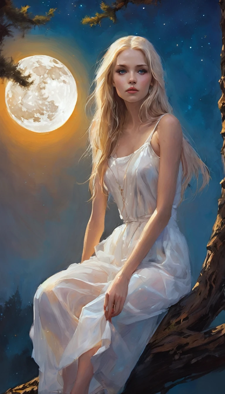 very sexy girl, {sitting on a high tree branch}long straight blonde hair, very thin, small breasts, eroticism, sexy, powerful composition, emotional impact((from below)), magic, fantastic, night sky, moon, stars, background, alone, very beautiful, cute, adorable, embarrassed, alone, blue eyes , white skin,glowify (simple oil painting in the style of Bill Sienkiewicz)