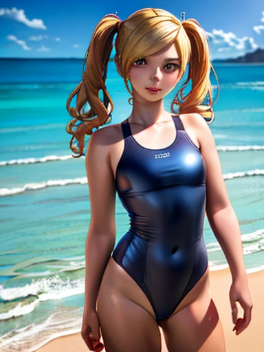 A beautiful girl in a yellow swimsuit, standing alone on a sandy beach, her long blonde hair tied in twin tails, (best quality,4k,8k,highres,masterpiece:1.2),ultra-detailed,(realistic,photorealistic,photo-realistic:1.37),detailed face and eyes,detailed hair, beach scenery, golden hour lighting, vivid colors, serene atmosphere