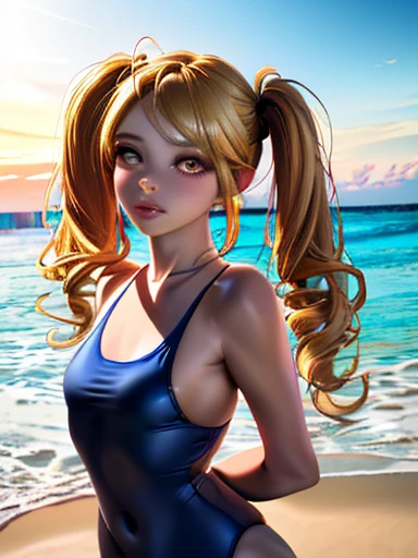 A beautiful girl in a yellow swimsuit, standing alone on a sandy beach, her long blonde hair tied in twin tails, (best quality,4k,8k,highres,masterpiece:1.2),ultra-detailed,(realistic,photorealistic,photo-realistic:1.37),detailed face and eyes,detailed hair, beach scenery, golden hour lighting, vivid colors, serene atmosphere