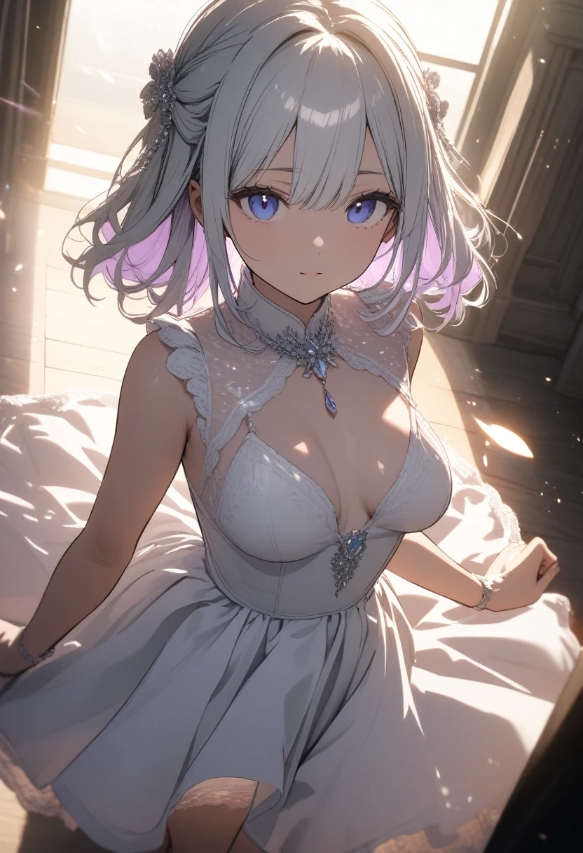 One , ((luxury white party dress))、(Inner color hairstyle), Beautiful Hair, Facial Contour, Remember, Party Venue, brilliant lighting、splash, Lens flare,, Natural Color, High resolution, Very delicate, Very detailed, 8k,(There is swelling of the breasts、About B cup)、Shyness,((Sexual))、Angle of view from head to toe
