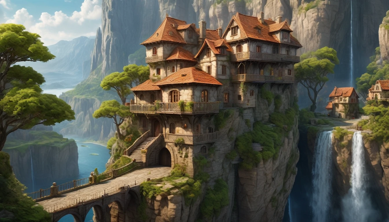 (masterpiece, best quality,Ultra-high resolution),Surrealism,Beautiful and detailed scenery,European Fantasy Art, A city built on a cliff, House carved on the wall, A city with depth,Depth of Field,portrait,Role Playing Game Artwork,Magnificent views,Ultra-detailed realism captures messy textures,Octane Rendering,