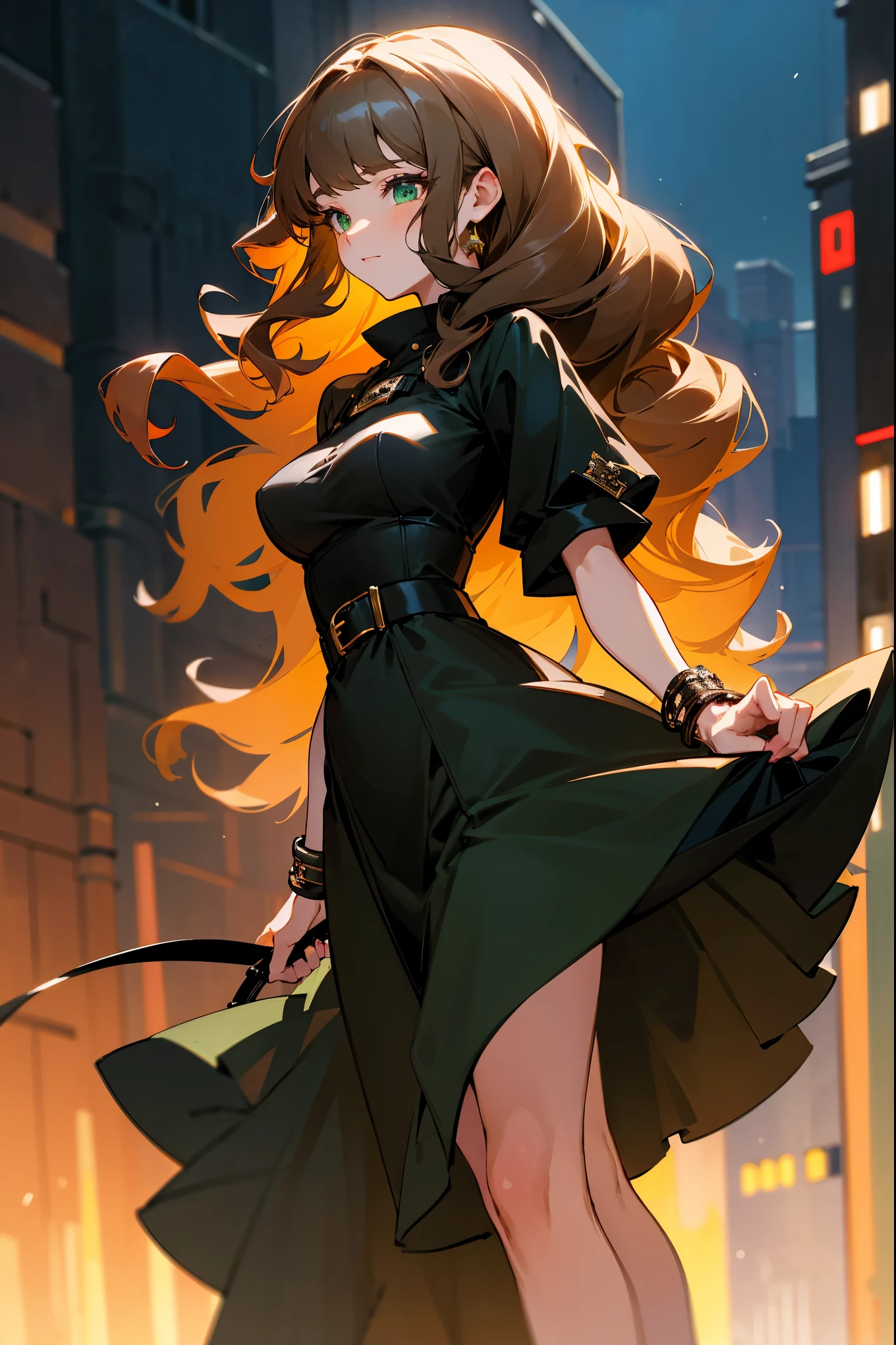 1female, chestnut brown hair, styled in voluminous, y curls, deep green eyes, confident expression, slim black dress with a fitted bodice and flowing skirt, oversized black belt with a large buckle, chunky silver bracelets, a large, slouchy black handbag, elegant urban backdrop with stylish buildings and twin city lights, detailed face, hands to side, standing on path