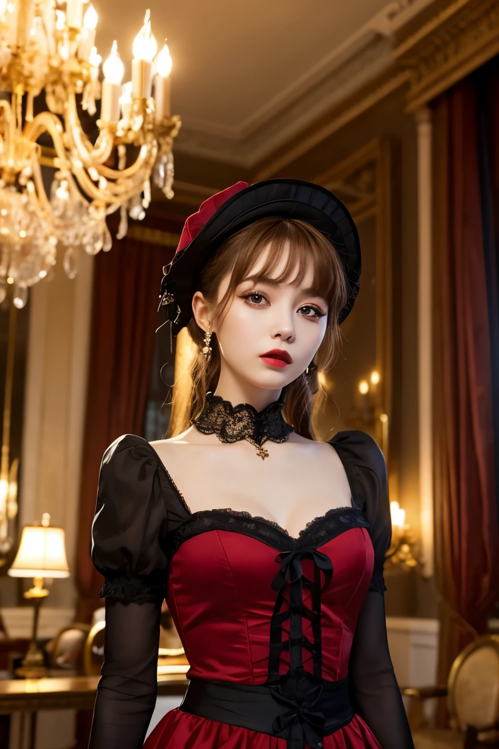 In the image、There is a female character wearing a dark, Victorian-inspired ta outfit.。She stands in a luxurious room、In his right hand he holds a red candle。The character has loose, curly blonde hair.、She is wearing a dark red hat that matches her dress.。Her makeup is dramatic、Dark eyeliner and red lipstick accentuate her striking and mysterious look.。
She is wearing a dark red dress with black lace accents and a high collar.、long sleeves、Comes with black lace cuffs。The bodice has intricate black lacing、The skirt has alternating red and black ruffles.、Adds volume and depth to the outfit。She wears a gold cross necklace around her neck.、Adds a touch of gothic elegance。
The background is richly decorated with patterned curtains and chandeliers.、It exudes a luxurious and vintage feel.。The lighting is warm from the chandelier.、Perhaps it emits a soft glow.、It creates deep shadows that highlight the texture and detail of the dress and accessories.。
The overall atmosphere of the image is gothic and luxurious.、It captures the essence of Victorian Loliashion with a touch of dark elegance.。