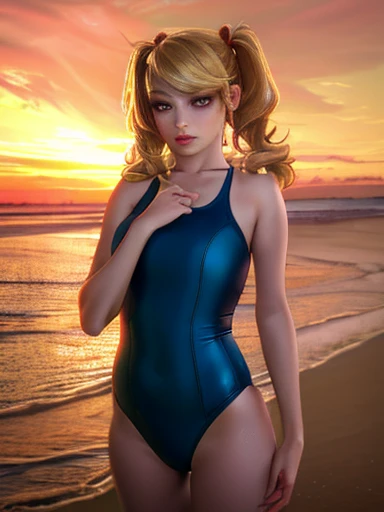 A beautiful girl in a yellow swimsuit, standing alone on a sandy beach, her long blonde hair tied in twin tails, (best quality,4k,8k,highres,masterpiece:1.2),ultra-detailed,(realistic,photorealistic,photo-realistic:1.37),detailed face and eyes,detailed hair, beach scenery, golden hour lighting, vivid colors, serene atmosphere