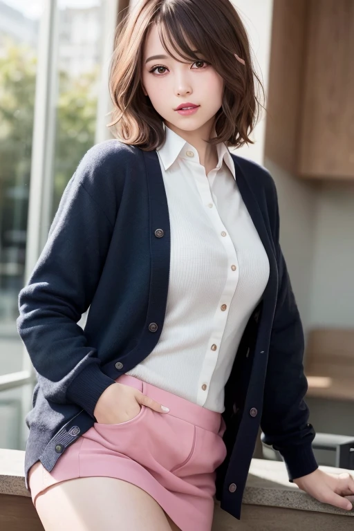 (RAW Photos, Highest quality), (Realistic, photo-Realistic:1.3), masterpiece, Very delicate, Very detailed, CG, Unity , 2k wallpaper, wonderful, The finer details, A light smile, extremely CG Unity 8k wallpaper , Large file size, Very detailed, High resolution, Absurd, Soft Light, (((Medium Hair:1.3), Short bangs, Pink Hair, Floating Hair NovaFrogStyle)), Beautiful detailed girl, Detailed fingers, Very detailed目と顔, Beautiful and delicate nose, Beautiful and delicate eyes, Long eyelashes, Light on the face, Looking at the audience, (shut up: 1.2), One girl, cute, young, Mature Face, (whole body: 1.3), ((Small breasts)), Realistic face, Realistic figure, Beautiful and exquisite thighs, (Urzan-6500-v1.1:0.8), suit, Cross Race, Stand Collar Shirt, Open clothes, At work, Details Office, Open cardigan, Black Stockings, mini skirt, Black Lingerie, Unbuttoned shirt,