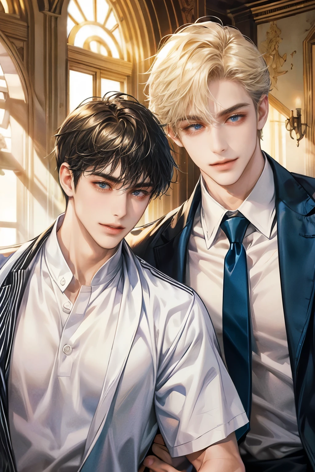 close-up look, Half-body image, three handsome young male walk together, wearing university uniform, smiling, soft light, hi-quarity, Masterpiece