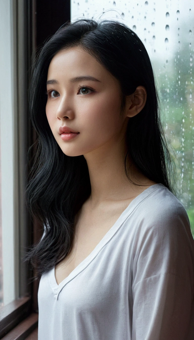 A girl watching the rain on the windowsill，is very beautiful，Delicate makeup，Perfect facial features，Asian face，black color hair，pretty eyes，A deep，Blurred，looks out the window，Light-colored clothes，White skin of the，Extremely detailed CG，8k ultra HD wallpaper，tmasterpiece，best qualtiy，(pastelcolor，soothing tones：1.3)，（Natural skin texture，hyper photorealism），（Photographic works），（Courtyard series），optic，with light glowing，A plant，Rich in detail，（deep in the night：1.4），（Reality），windowsill，A body that conforms to the structure of the human body，Beautiful posture，Beautiful and detailed，（High-density imaging：1.4）
