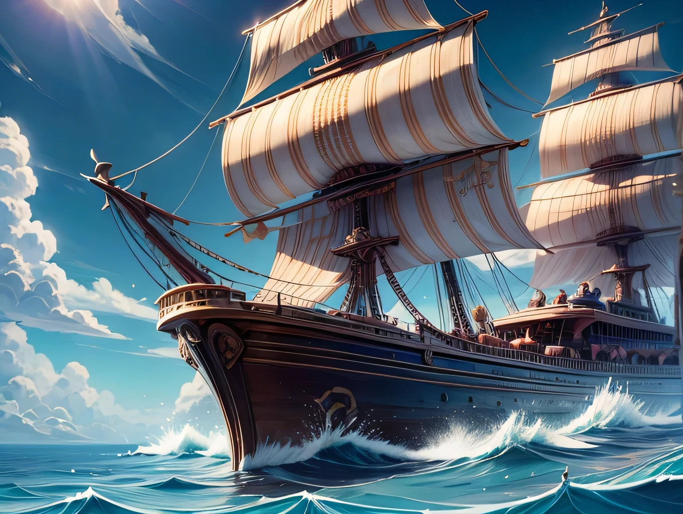 Fantasy World、Luxury ships、Ocean、Clear blue sky、The hero is on board