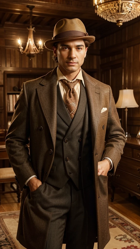 Create an image of a dapper gentleman in his 30s, dressed in a vintage 1920s suit complete with a fedora, scarf, and overcoat. He should be standing in an elegant, warmly-lit room with antique wooden furniture and intricate details