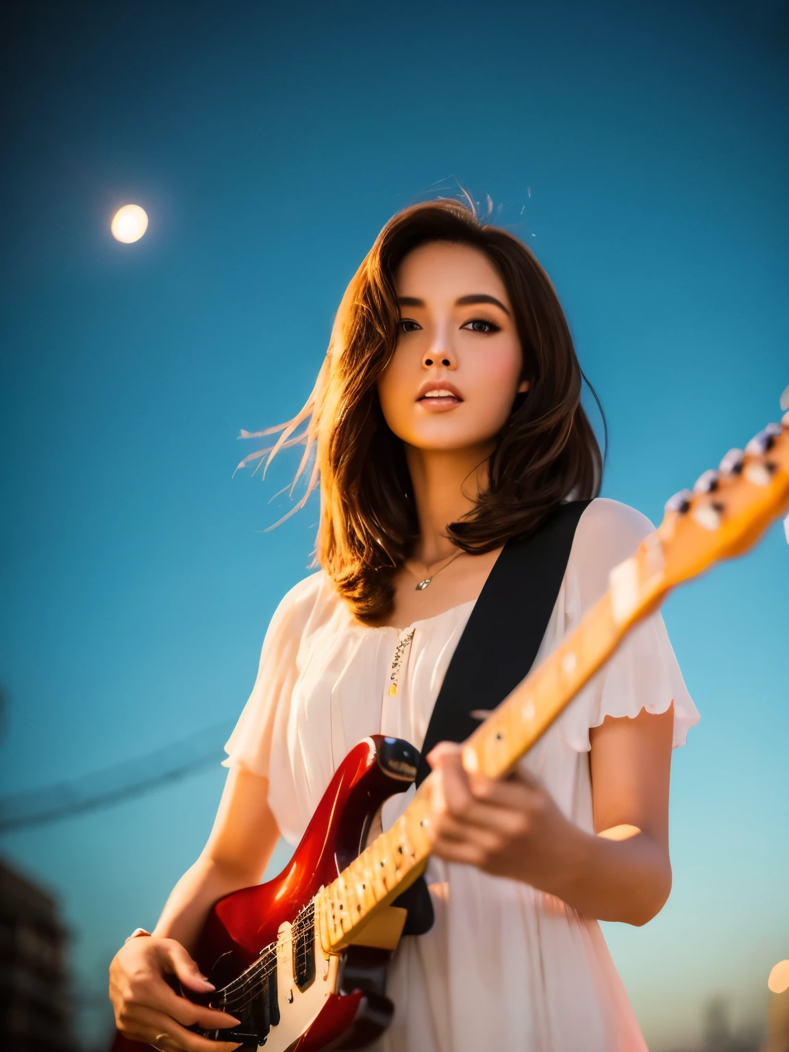 Short Bob Hair, no, (Clear focus:1.2), photograph, Attractive Young Woman, (Pretty face:1.1), Delicate eyes, Sweet Lips, (Bold red lip color:0.85),  (slim:1.2), (Long Hair:1.2),  Written boundary depth, Bokeh, 4K, High resolution. pass (James C. Christensen:1.2|Jeremy Lipkin:1.1).((Playing electric guitar:1.3))、、Octane, Sky Sky, performer(Sky Sky), landscape, Starry Sky, night, One Girl, night空, solo, Plein Air, built, cloud, evening、 Sit on, wood, Hair length, city, silhouette, 都city景観,Realistic、Wearing 1980s clothing
