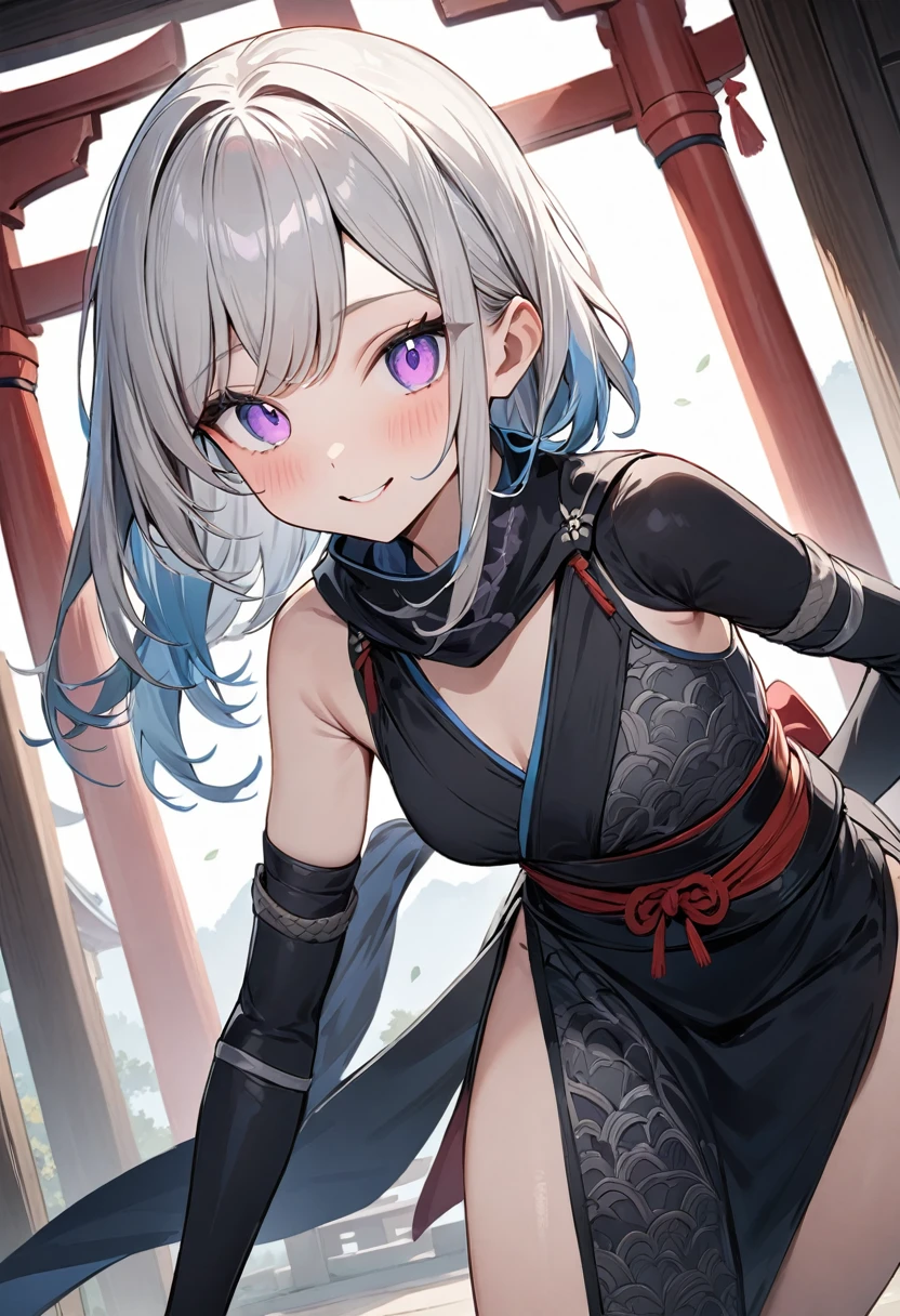 (masterpiece, top quality, very aesthetic, 4k、illustration), intricate detail, 1woman,leaning forward 、(cowboy shot)、(),Cute 、light smile、Random Hair Color、,middle hair,sidelock ,Random Color　eyes、ninja clothes、small breasts、Slim 、