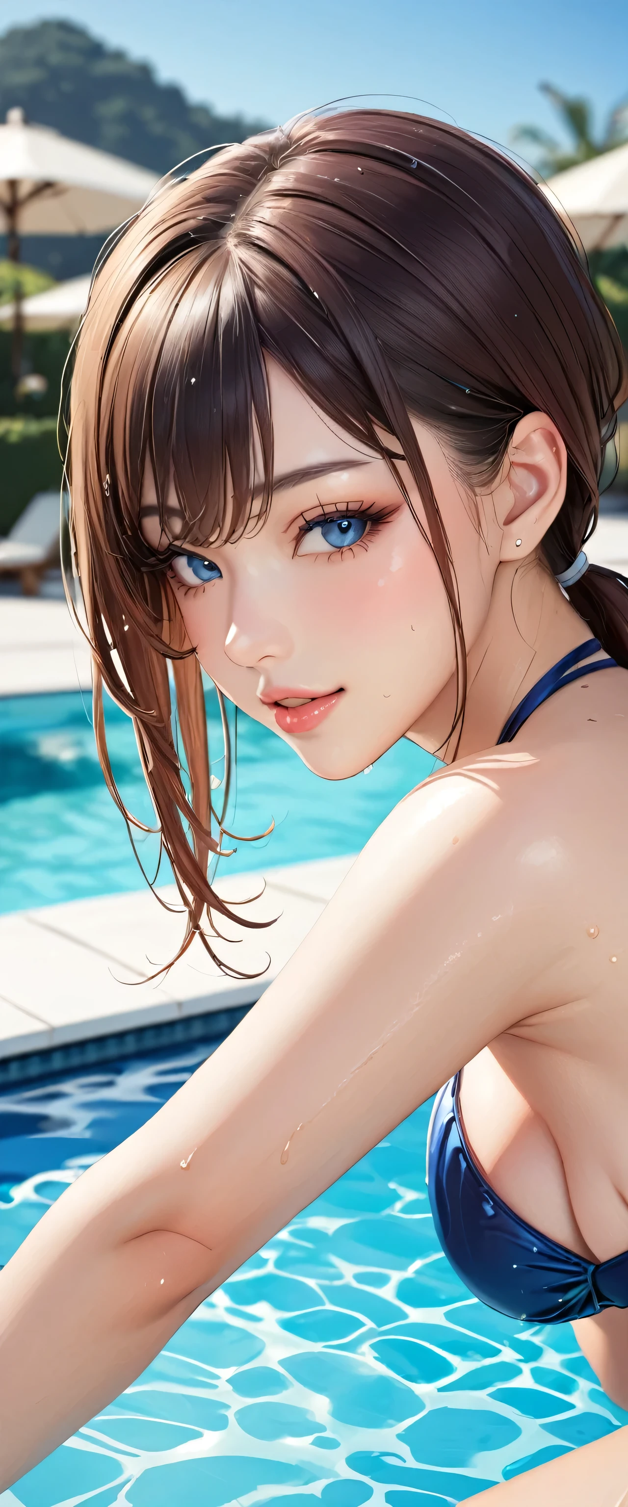 (masterpiece,Highest quality,Ultra-high resolution),Japanese women, (((Very beautiful 25 year old girl))), pretty girl、Look at the photographer、 ((Beautiful low ponytail)), Very cute face, Glossy Lips, Double eyelids on both eyes,Natural smile、 Natural Makeup, Long eyelashes, Shiny and smooth hair、Center image, Perfect limbs, Perfect Anatomy,,(Wet with sweat),,Looking Back.A beautiful 25-year-old woman with a model-like appearance is at a pool. She is wearing a bikini and leaning slightly forward with her index finger on her lips. She is winking with her left eye closed. The background features a luxurious poolside setting with clear blue water and a sunny sky