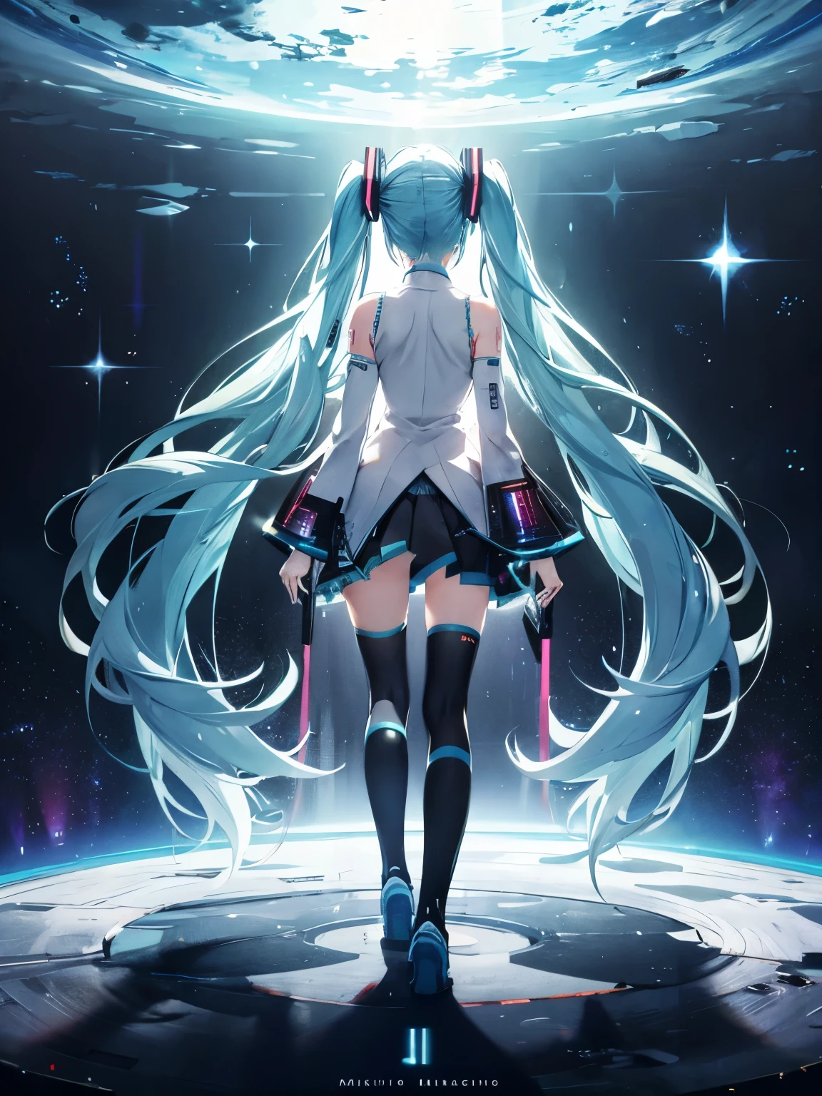 miku hatsune,High resolution, Galactic Landscapes, Sensual back pose 