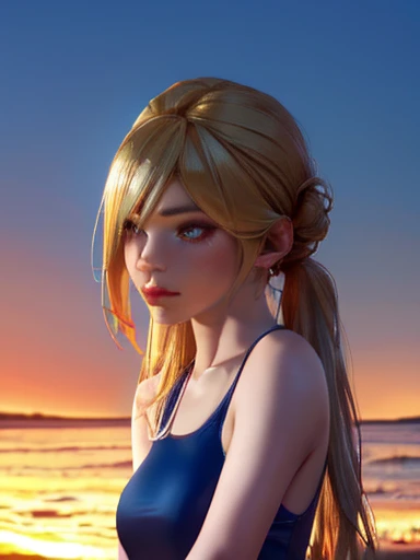 A beautiful girl in a yellow swimsuit, standing alone on a sandy beach, her long blonde hair tied in twin tails, (best quality,4k,8k,highres,masterpiece:1.2),ultra-detailed,(realistic,photorealistic,photo-realistic:1.37),detailed face and eyes,detailed hair, beach scenery, golden hour lighting, vivid colors, serene atmosphere