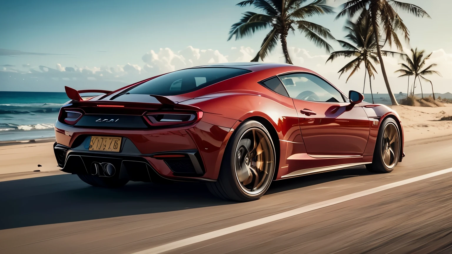stunning red sports car speeding on a sandy beach near swaying palm trees, beautiful detailed car, extremely detailed interior, dynamic motion blur, golden hour lighting, cinematic dramatic lighting, warm color tones, hyper realistic, 8k, photorealistic
