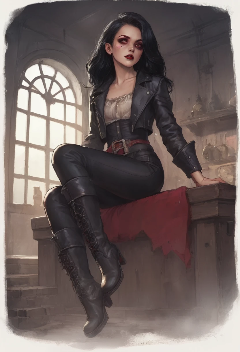 1 Vampire Girl, long, Wavy black hair, red eye, thin red lips, round face, perfect small breasts, wearing a dark leather jacket, dark leather tight pants, Pirate style boots, sitting on a coffin in the basement of an abandoned house
