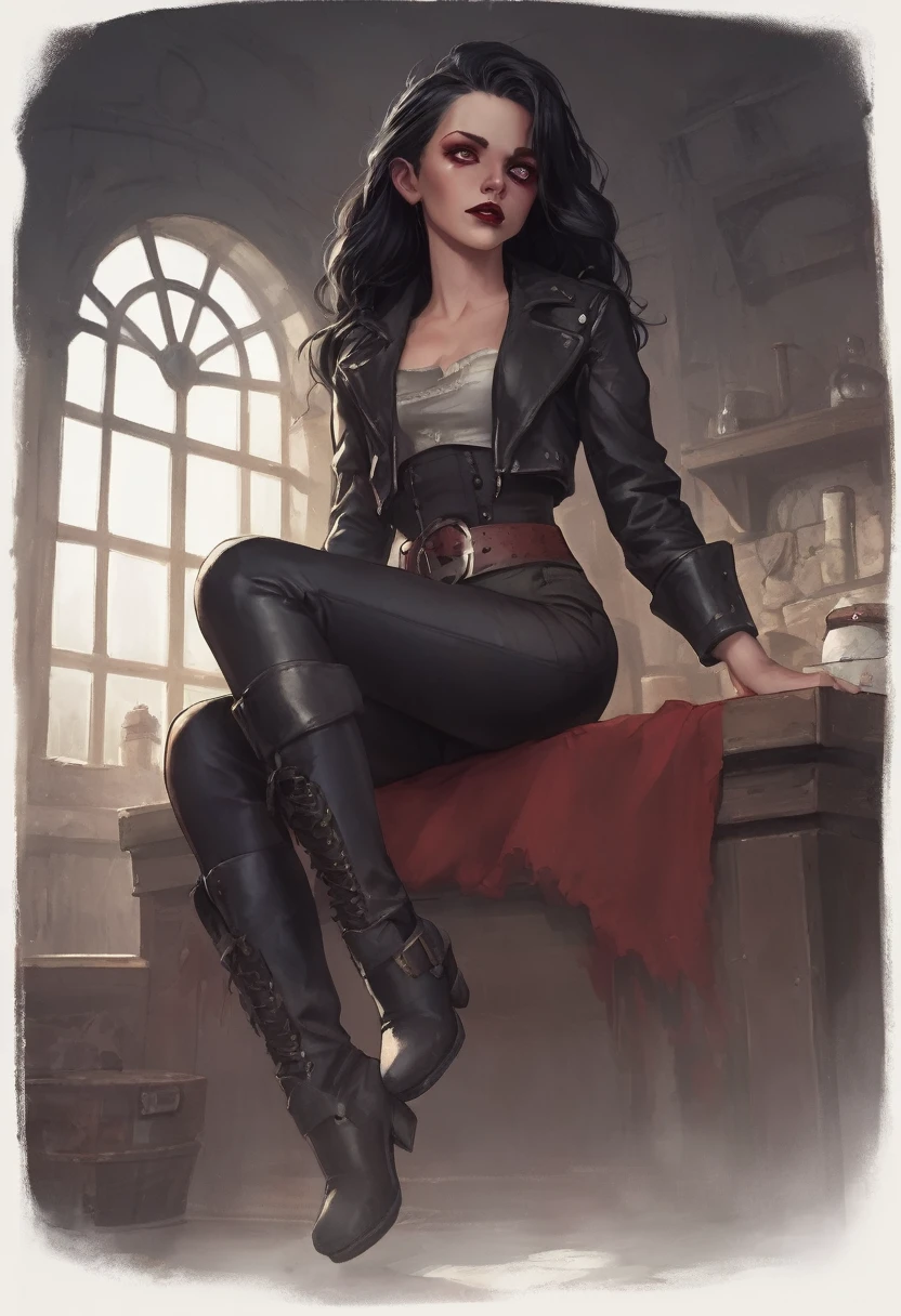 1 Vampire Girl, long, Wavy black hair, red eye, thin red lips, round face, perfect small breasts, wearing a dark leather jacket, dark leather tight pants, Pirate style boots, sitting on a coffin in the basement of an abandoned house