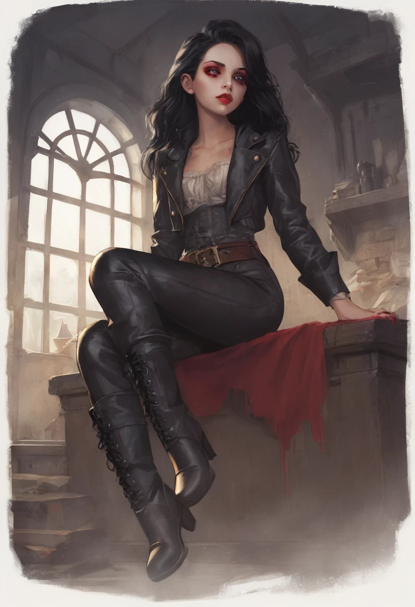 1 Vampire Girl, long, Wavy black hair, red eye, thin red lips, round face, perfect small breasts, wearing a dark leather jacket, dark leather tight pants, Pirate style boots, sitting on a coffin in the basement of an abandoned house