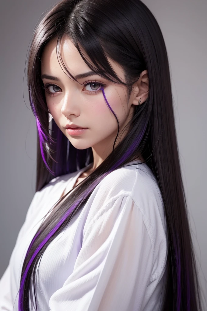I want a character with dark hair, a purple stripe on her face showing just one eye and a white shirt