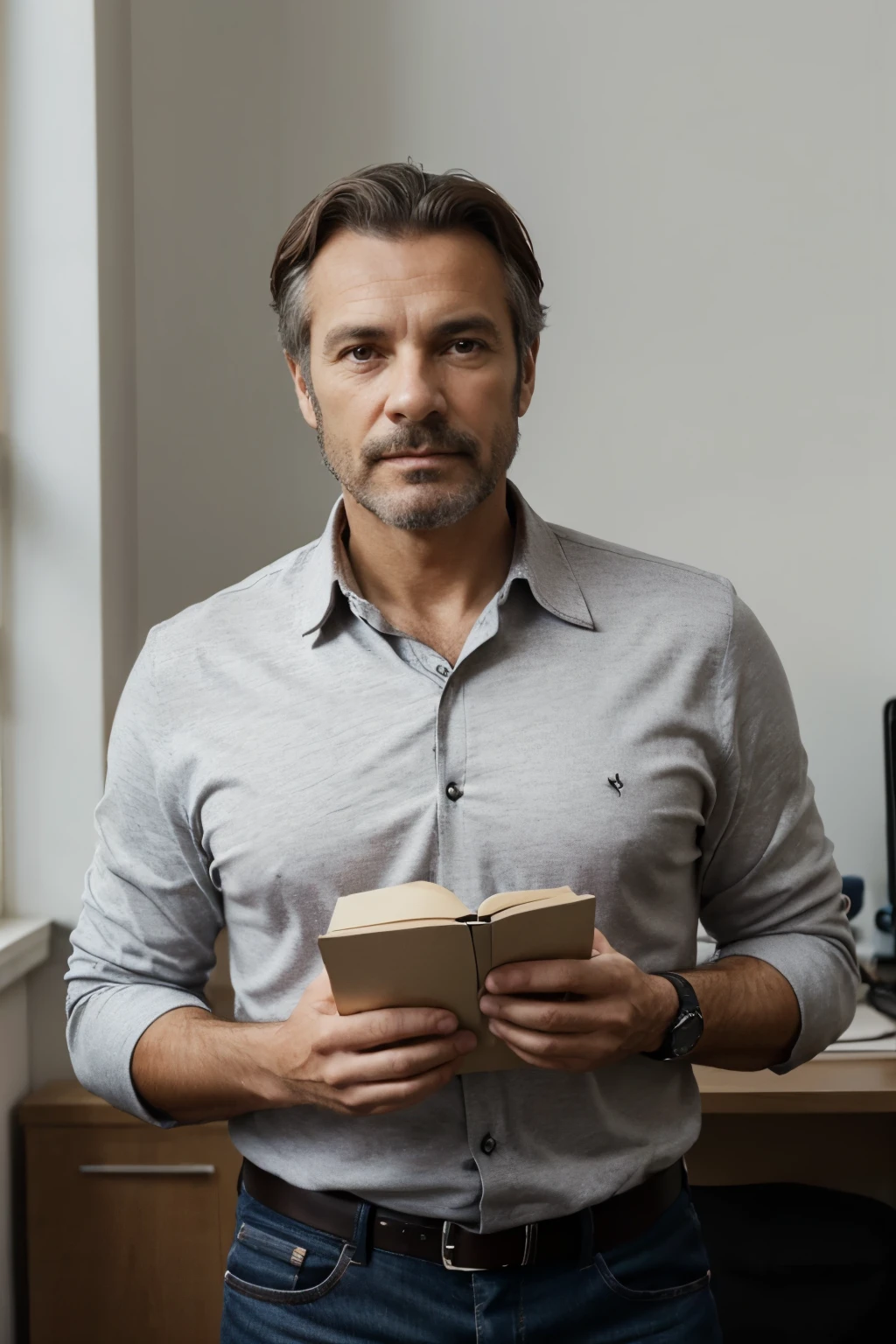 Mercedes un {{middle-aged vendeur masculin}}, dans le bureau, accusant un {{vendeur masculin}}} et un {{fevendeur masculin}}