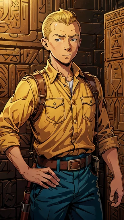 (1man, Tintin,1boy), (extremely detailed CG unit 8k wallpaper),(master part), (best quality), (ultra detail), (best illustration),(style of Dan Mumford), cowboy shot, (Sharp eyeliner, ombre, detailed eyes:1), Ancient Egyptian tomb interiors background, ,break , (t3mu1), upper body,brunning,short hair ,blonde hair, 