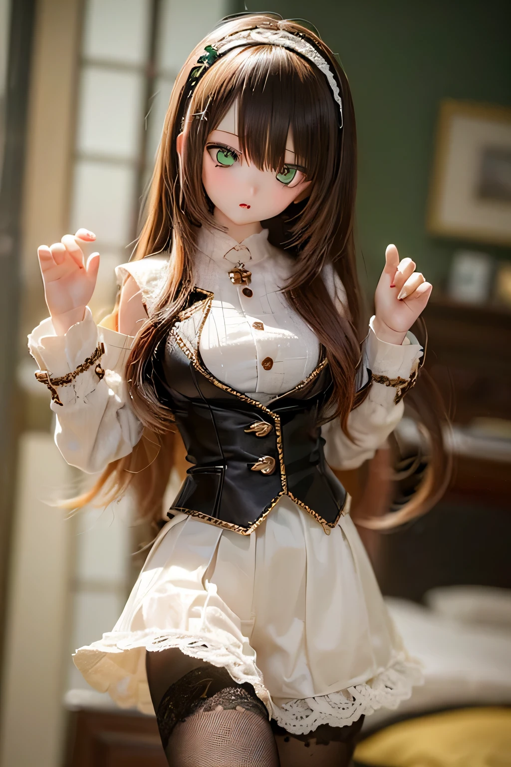 (SFW:2), photorealistic, realistic photo, 8k, ((highest quality)), ((masterpiece)), (extremely detailed), kukolnydom, doll, (mature woman, 21yo, 21 years old, solo:1.6), ((cowboy shot, sitting on bed, slim, slender, skinny, medium breasts, hairband, pajamas, bedroom)), (green eyes, brown hair, long hair, plastic skin, looking at another, glass eyes, gradient eyes, shining eyes, detailed eyes:1.3)