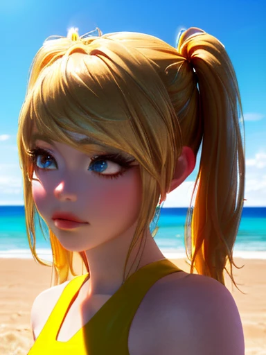 A beautiful girl in a yellow swimsuit, standing alone on a sandy beach, her long blonde hair tied in twin tails, (best quality,4k,8k,highres,masterpiece:1.2),ultra-detailed,(realistic,photorealistic,photo-realistic:1.37),detailed face and eyes,detailed hair, beach scenery, golden hour lighting, vivid colors, serene atmosphere